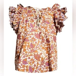 Love The Label Mabel Ruffle Sleeve Brown Paisley Cotton Top Medium Boho Feminine